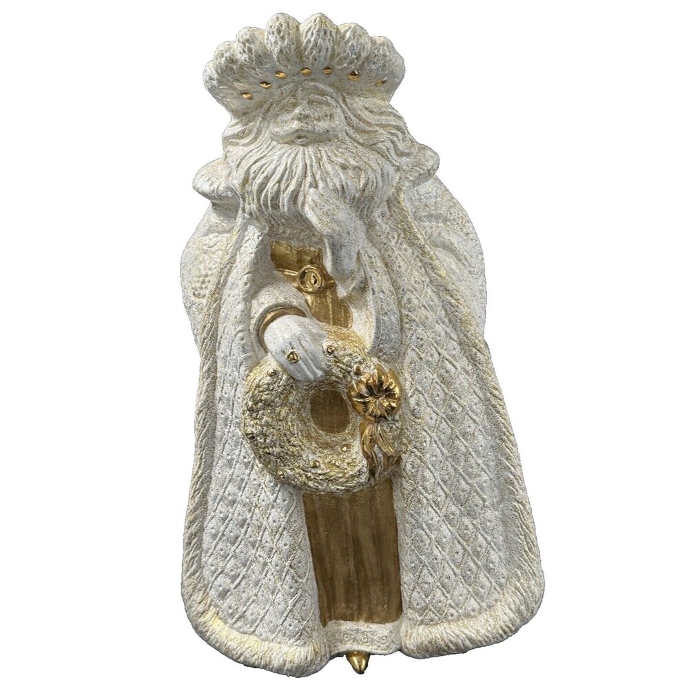 Vintage Large White and Gold Ceramic Santa Holding Wreath 15 inches Tall